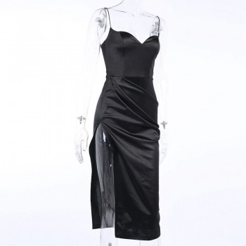  Black Satin Spaghetti Straps Low Cut Long Dress Women Summer Ruched Side High Split Maxi Dress